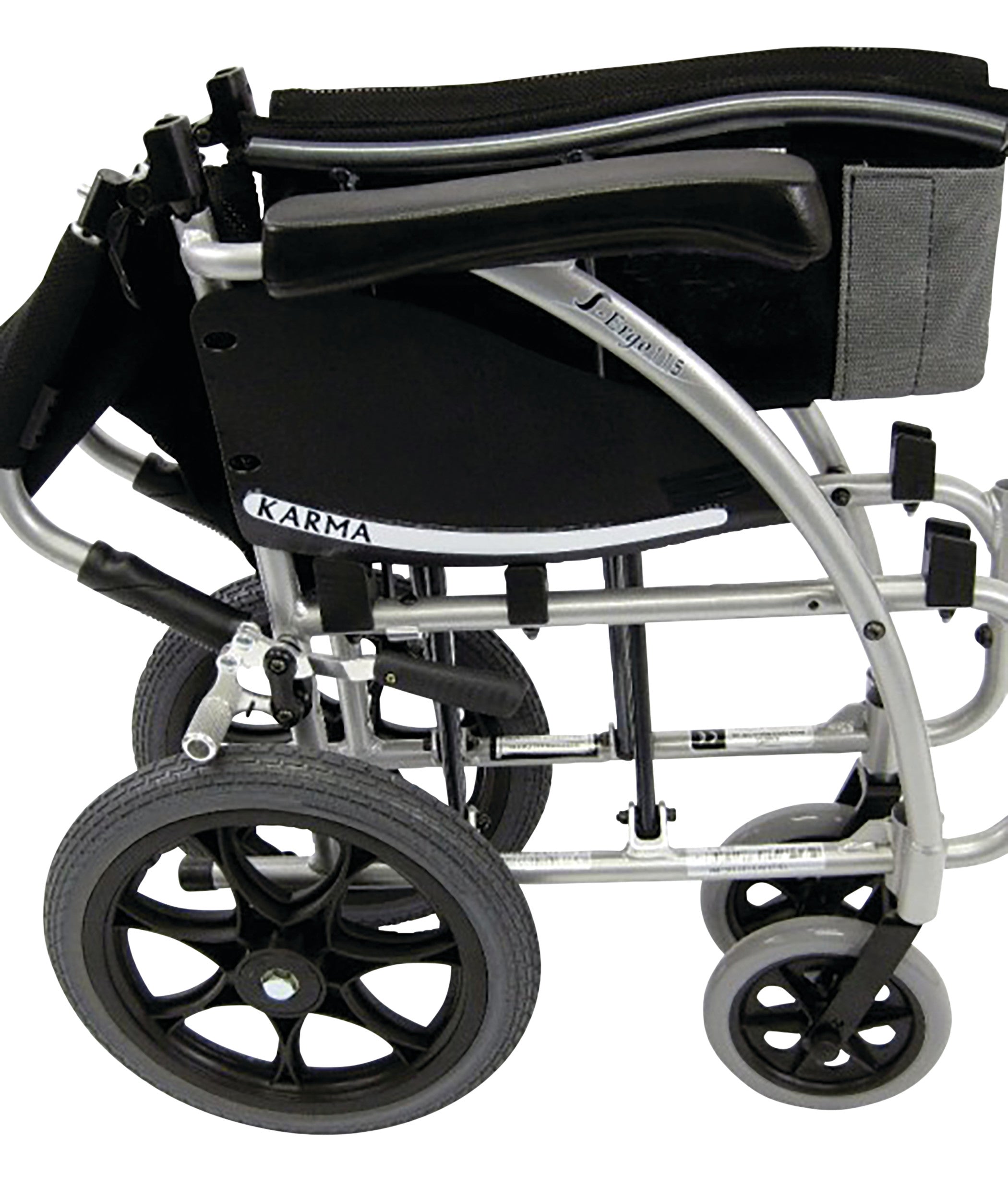 Folded Karman S-ERGO 115 Transport Wheelchair with silver frame, black seat, and armrests, showing large and small wheels.