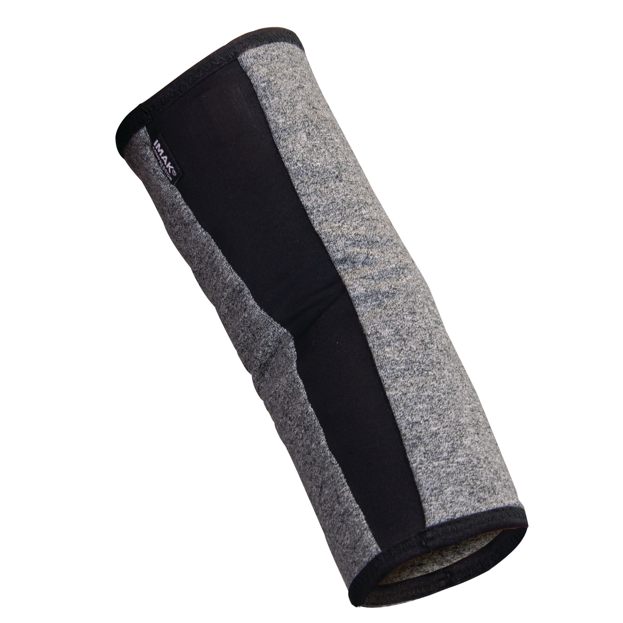 A Brownmed IMAK Compression Arthritis Elbow Sleeve in black and gray fabric, designed for joint support and comfort.