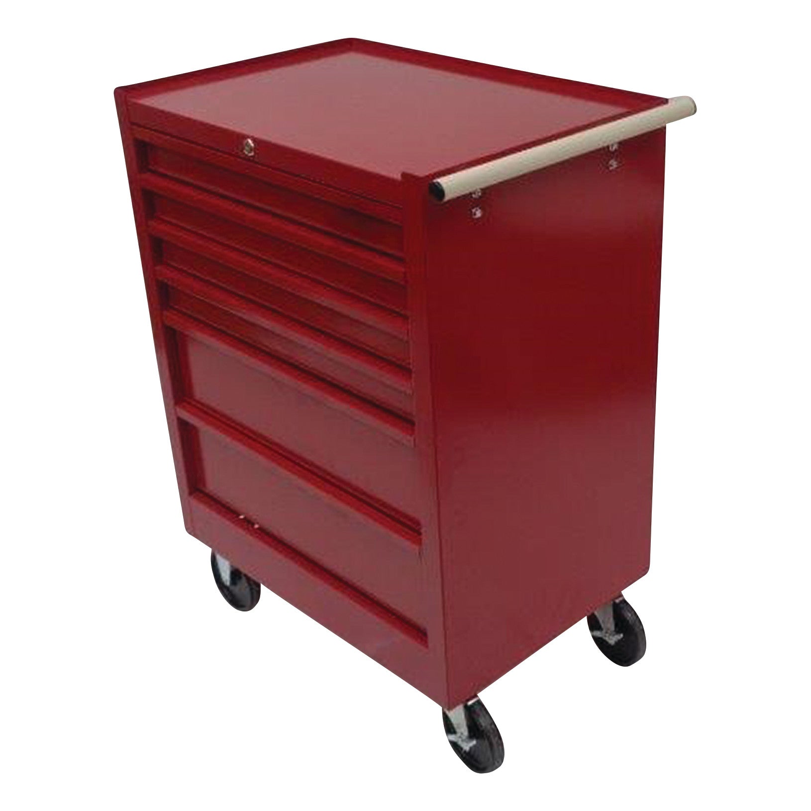 Red AliMed 6-Drawer Economy Treatment Cart with Push Handle on wheels, featuring multiple drawers for storage.
