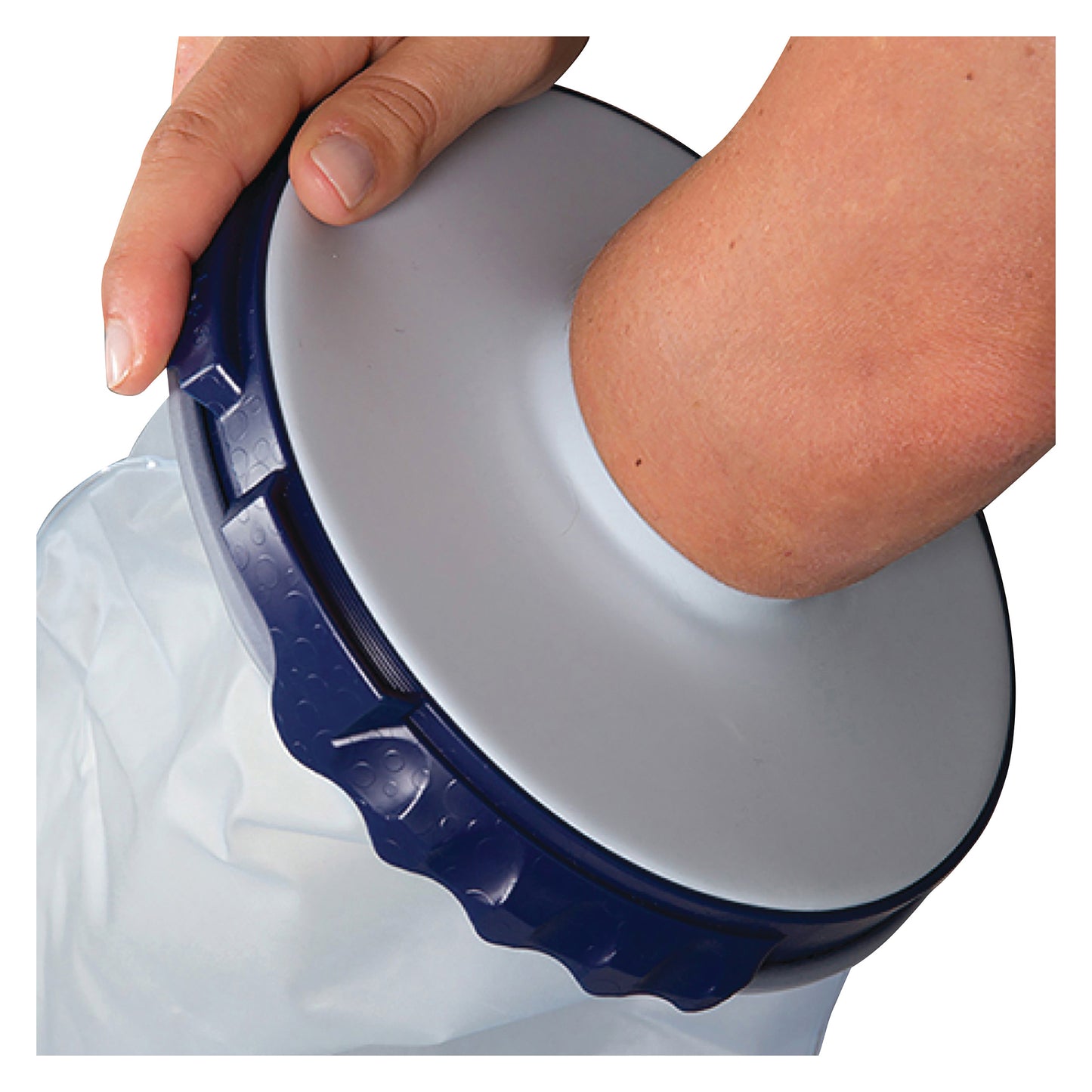 A person's arm is inserted into a Brownmed SEAL-TIGHT Infinity Cast Protector with a blue and gray seal.