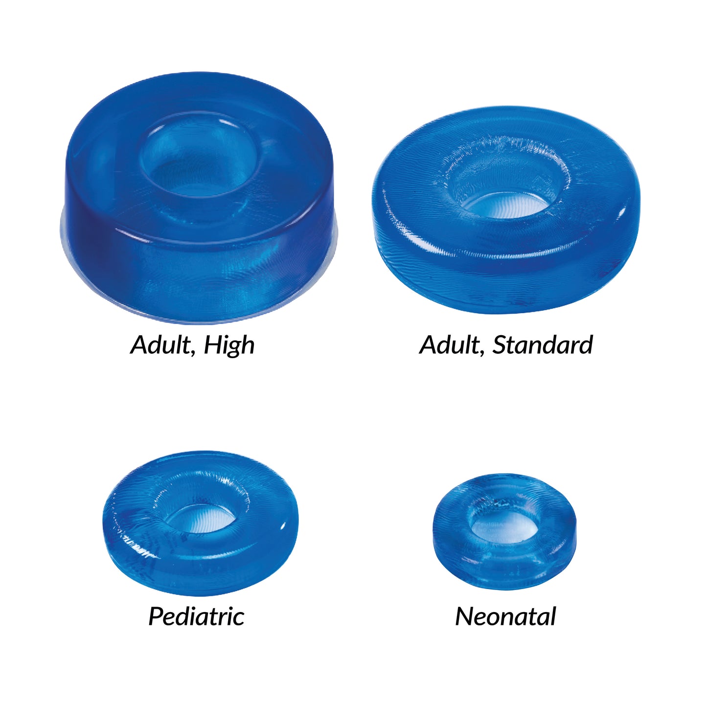 Four blue gel rings labeled Adult High, Adult Standard, Pediatric, and Neonatal. Product name: AliMed AliBlue Gel Head Donut.