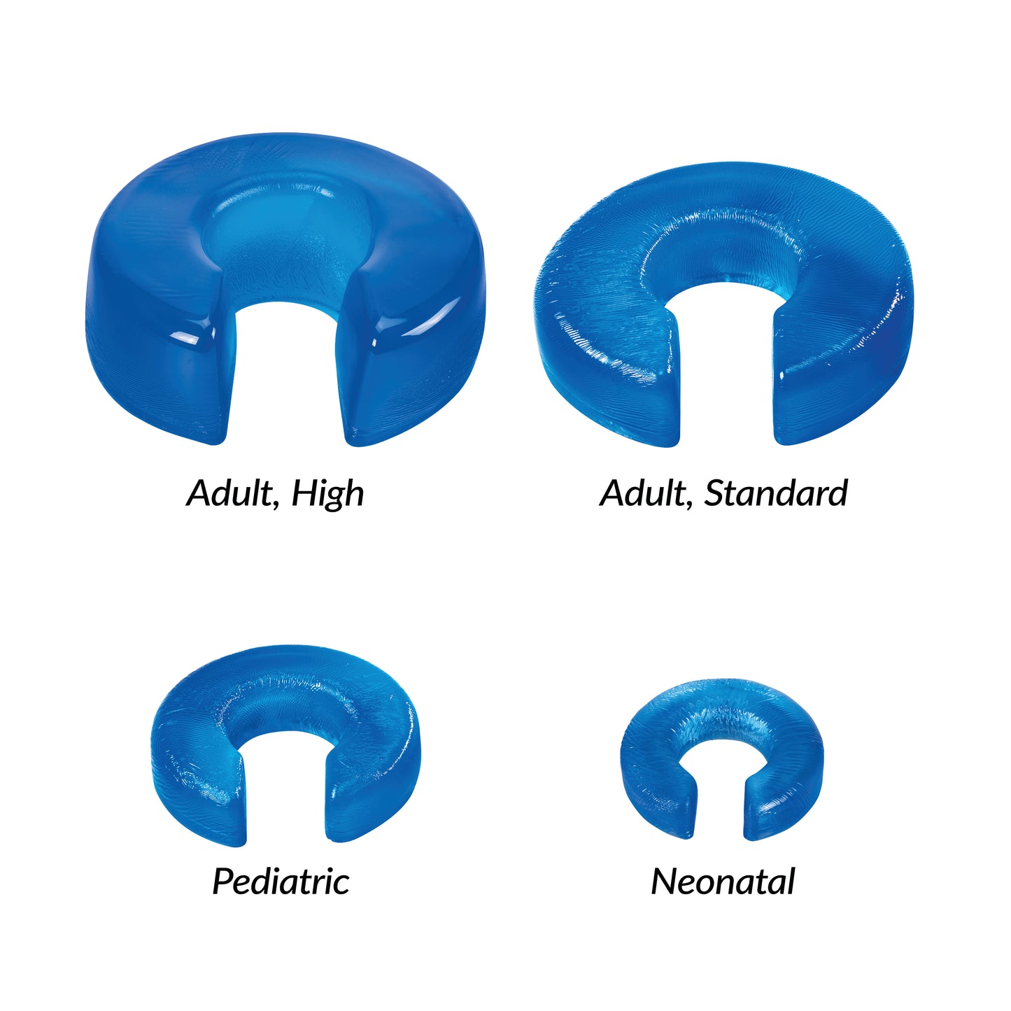 Four AliMed AliBlue Gel Horseshoe Donut cushions in adult high, adult standard, pediatric, and neonatal sizes.