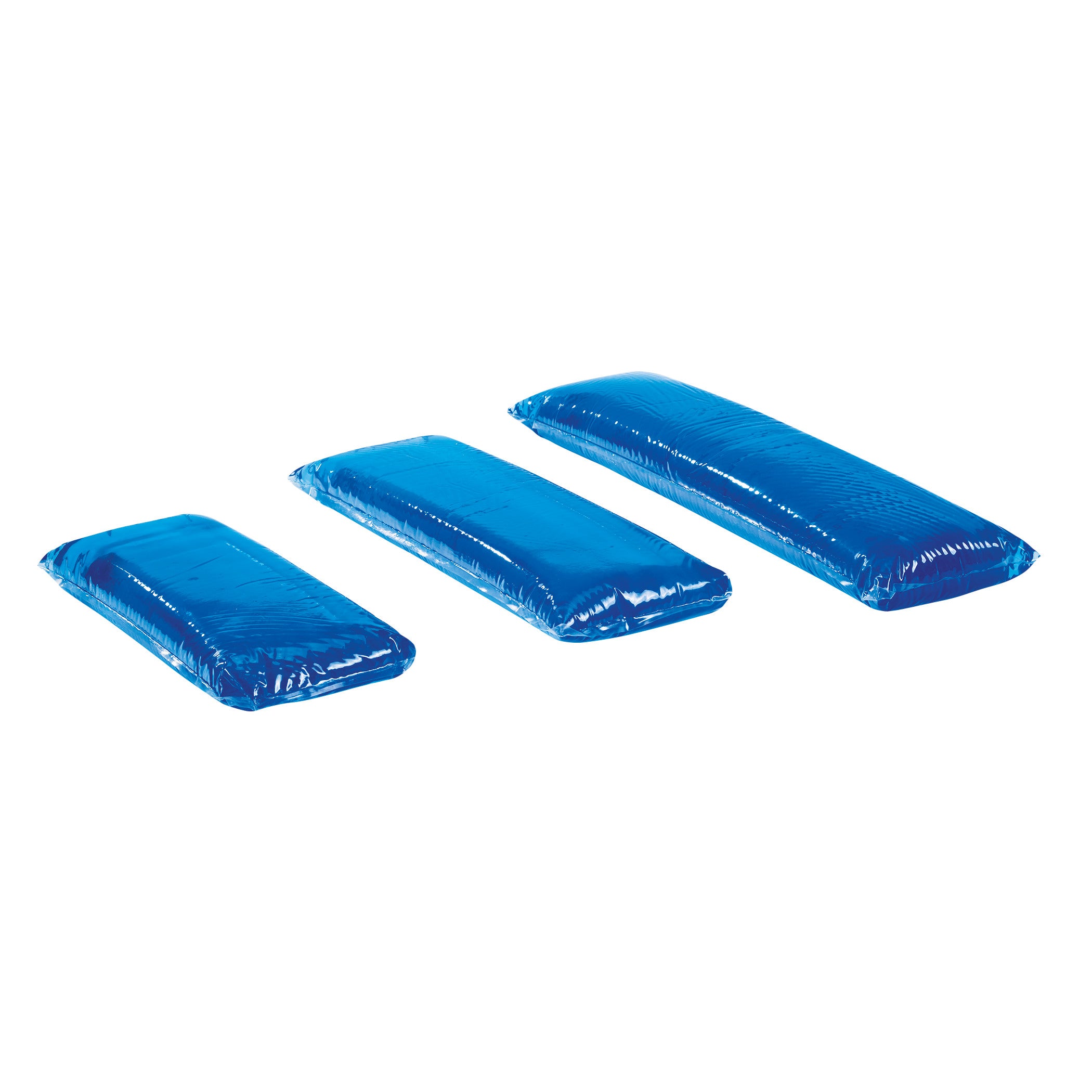 Three AliMed AliBlue Gel Axillary Rolls in different sizes are shown in blue, with a glossy surface.