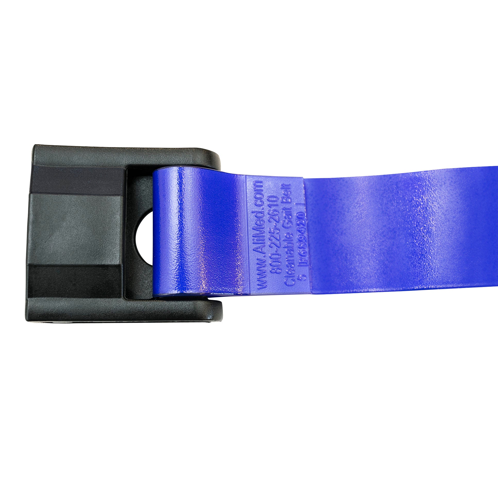 An AliMed Antimicrobial Wipeable Gait Belt with a CAM-Style Buckle, featuring a blue belt and a black buckle.