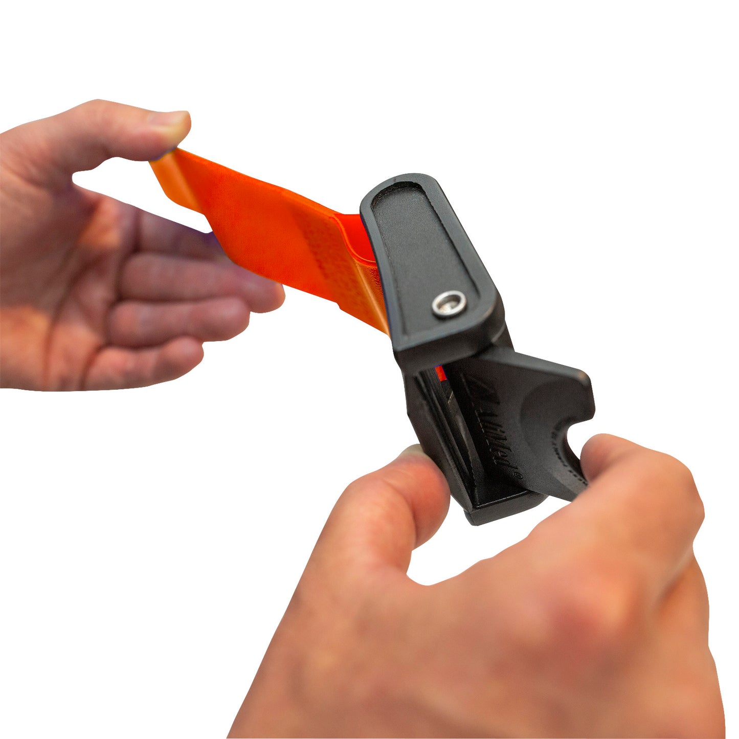 Hands hold an AliMed Antimicrobial Wipeable Gait Belt with CAM-Style Buckle, showing the bright orange strap and black buckle.