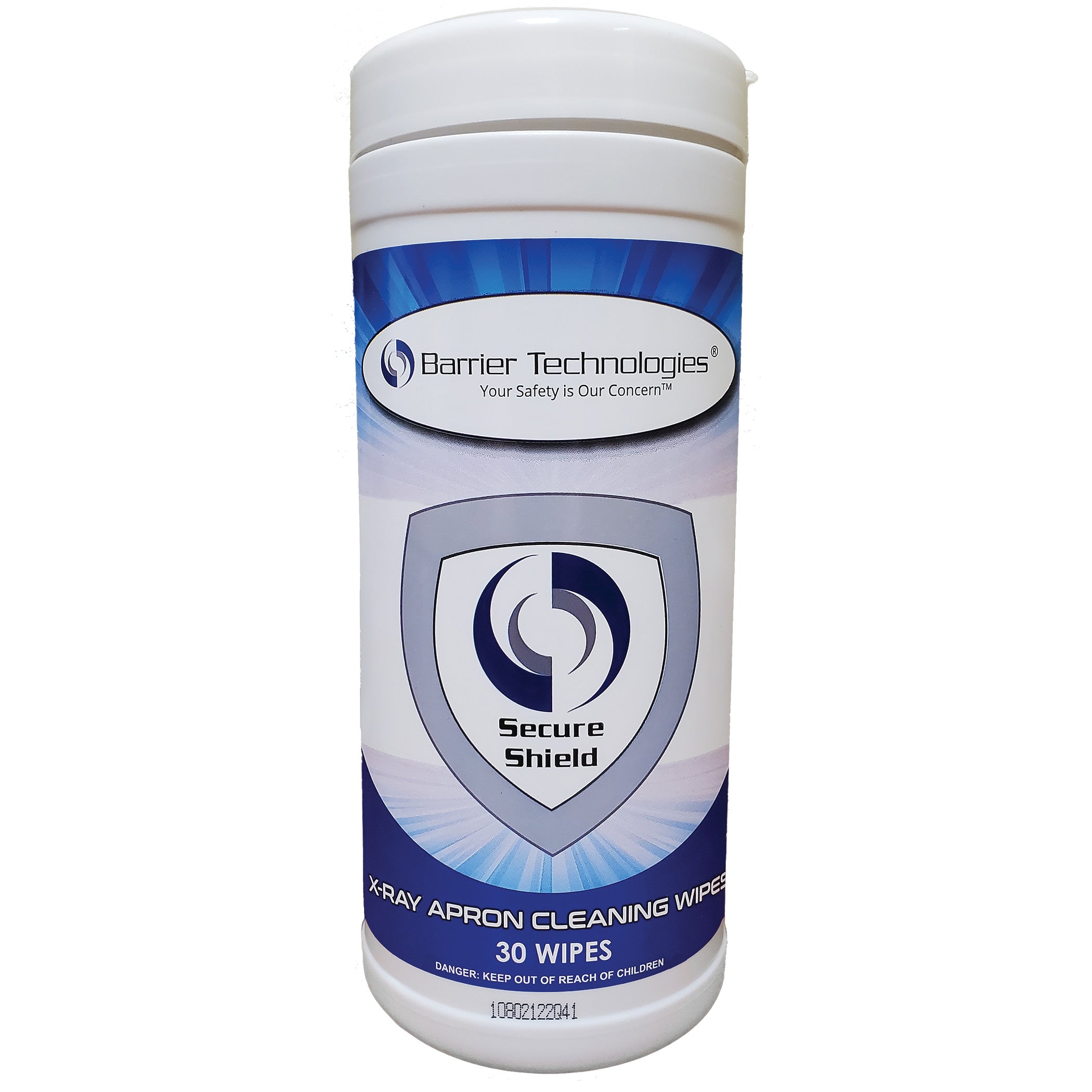 Container of Barrier Technologies Secure Shield X-Ray Apron Cleaning Wipes, featuring a blue and gray label with a shield logo.