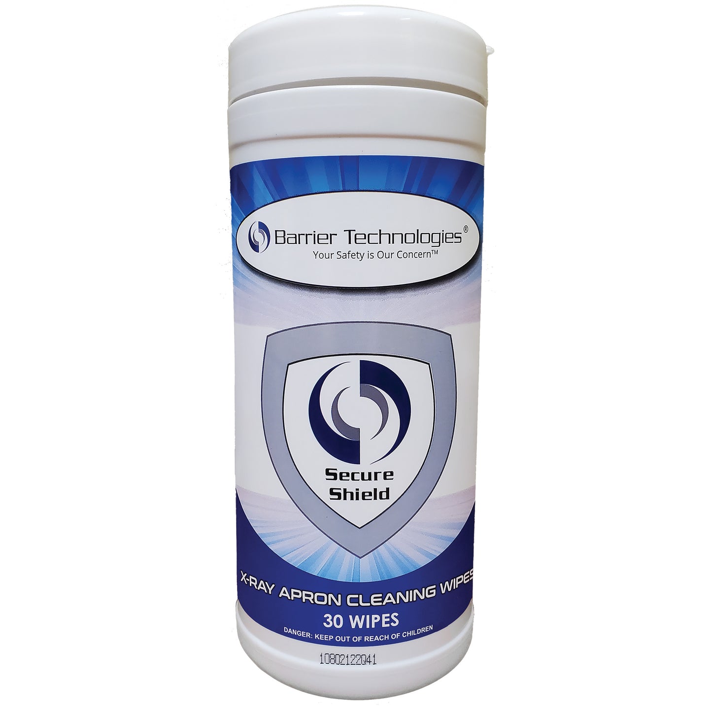 Container of Barrier Technologies Secure Shield X-Ray Apron Cleaning Wipes, featuring a blue and gray label with a shield logo.