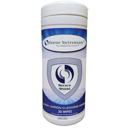 Container of Barrier Technologies Secure Shield X-Ray Apron Cleaning Wipes, featuring a blue and gray label with a shield logo.