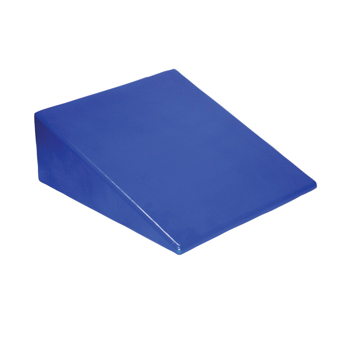 A blue Skillbuilders Positioning Wedge with a sloped triangular shape.