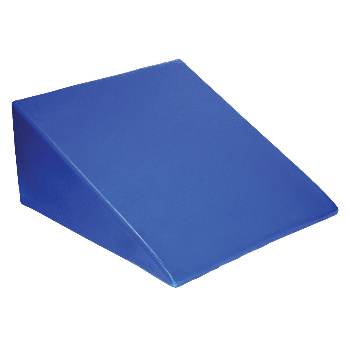 A blue Skillbuilders Positioning Wedge with a smooth triangular design, used for support or therapy exercises.