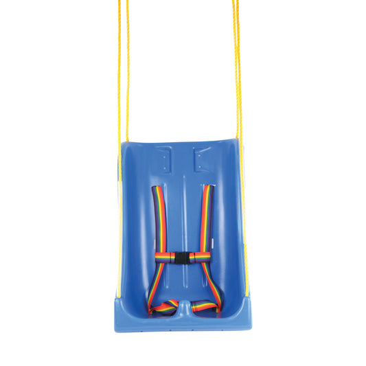 Blue Skillbuilders Full Support Swing Seat with yellow ropes and rainbow harness for secure seating.