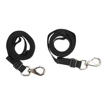 Two black nylon tie-down straps with metal hooks, labeled as Tie-Down Strap for Skillbuilders Full Support Swing Seat.