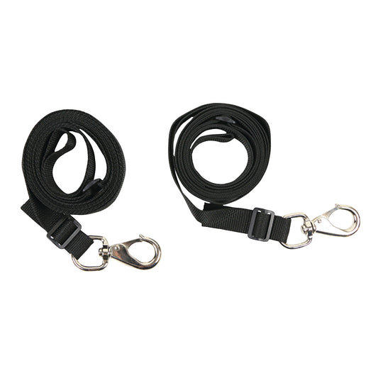 Two black nylon tie-down straps with metal hooks, labeled as Tie-Down Strap for Skillbuilders Full Support Swing Seat.