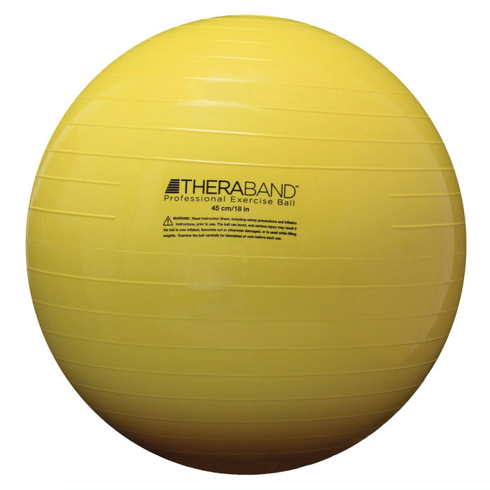 A yellow THERABAND Professional Exercise Ball with horizontal grooves, measuring 45 cm.