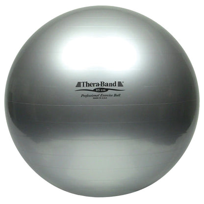A silver THERABAND Exercise Ball, 85 cm, labeled "Professional Exercise Ball, Made in USA", displayed against a white background.