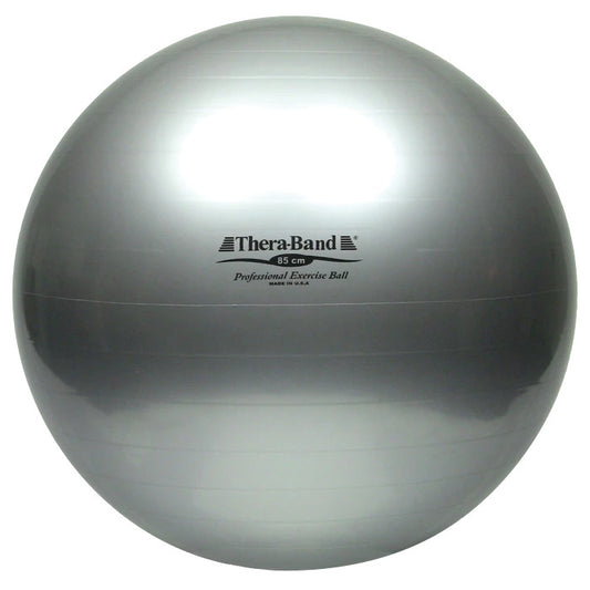A silver THERABAND Exercise Ball, 85 cm, labeled "Professional Exercise Ball, Made in USA", displayed against a white background.