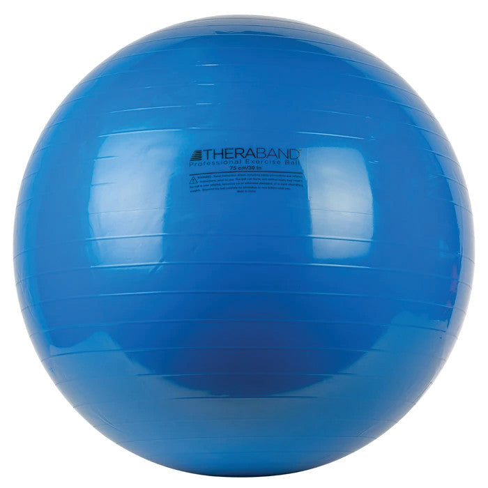 A blue THERABAND Exercise Ball with a smooth, shiny surface and subtle text on its front.