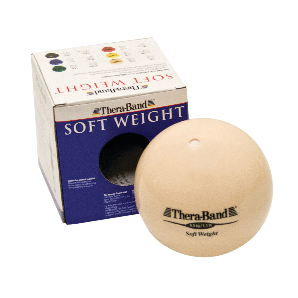 TheraBand Soft Weight in cream color is shown with its box. The box and ball display the "TheraBand Soft Weight" branding.