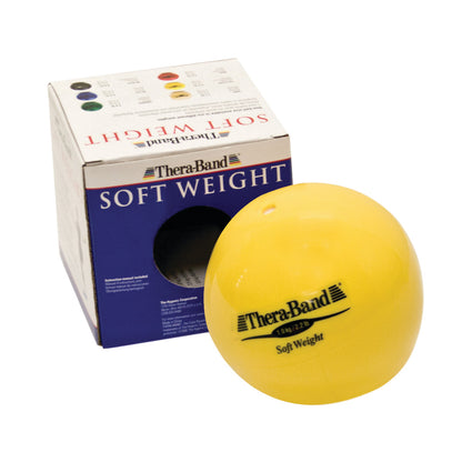 A yellow THERABAND Soft Weight ball is shown next to its packaging, which features the name "Soft Weight" prominently.