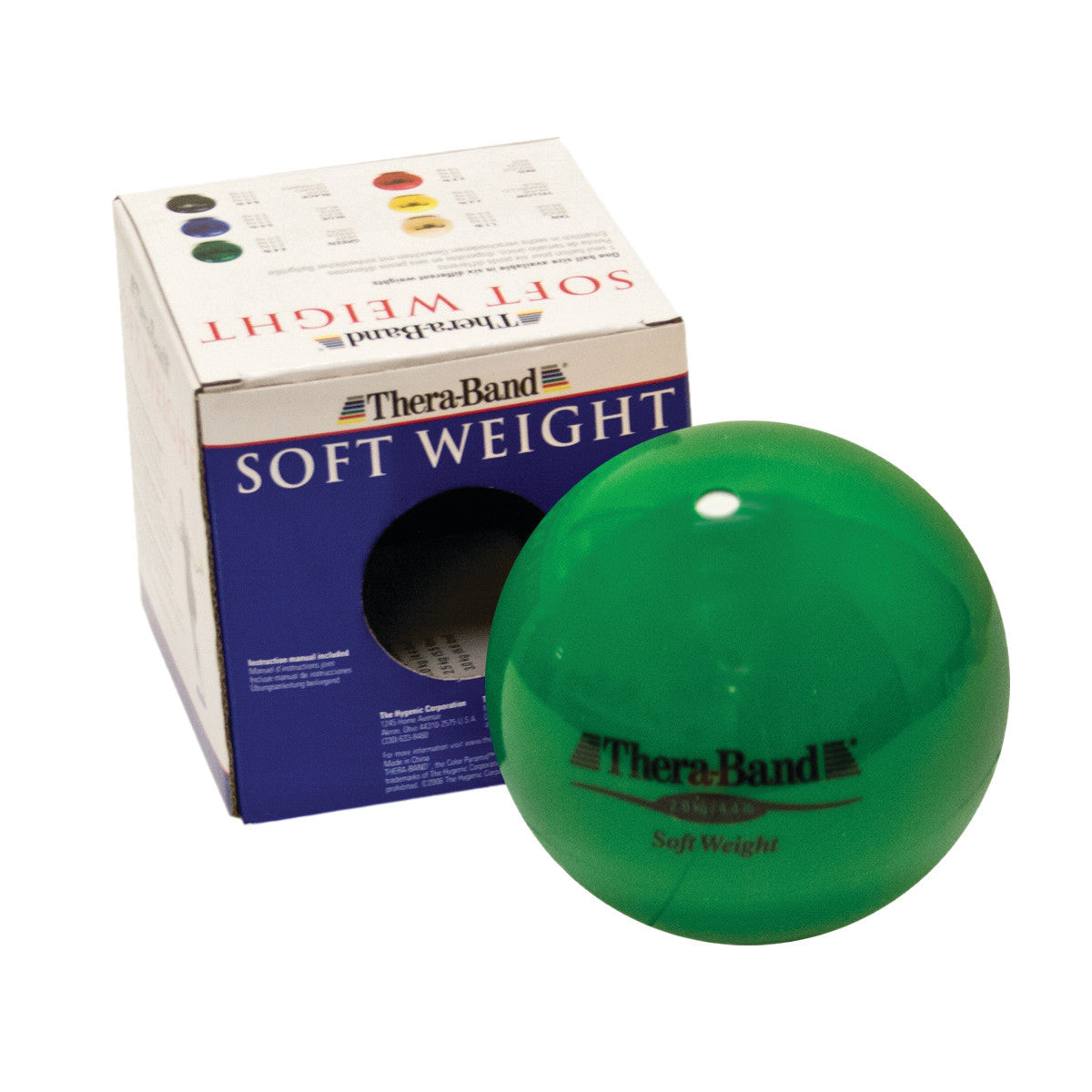 A green THERABAND Soft Weight ball is shown next to its packaging box with "Soft Weight" text on the front.