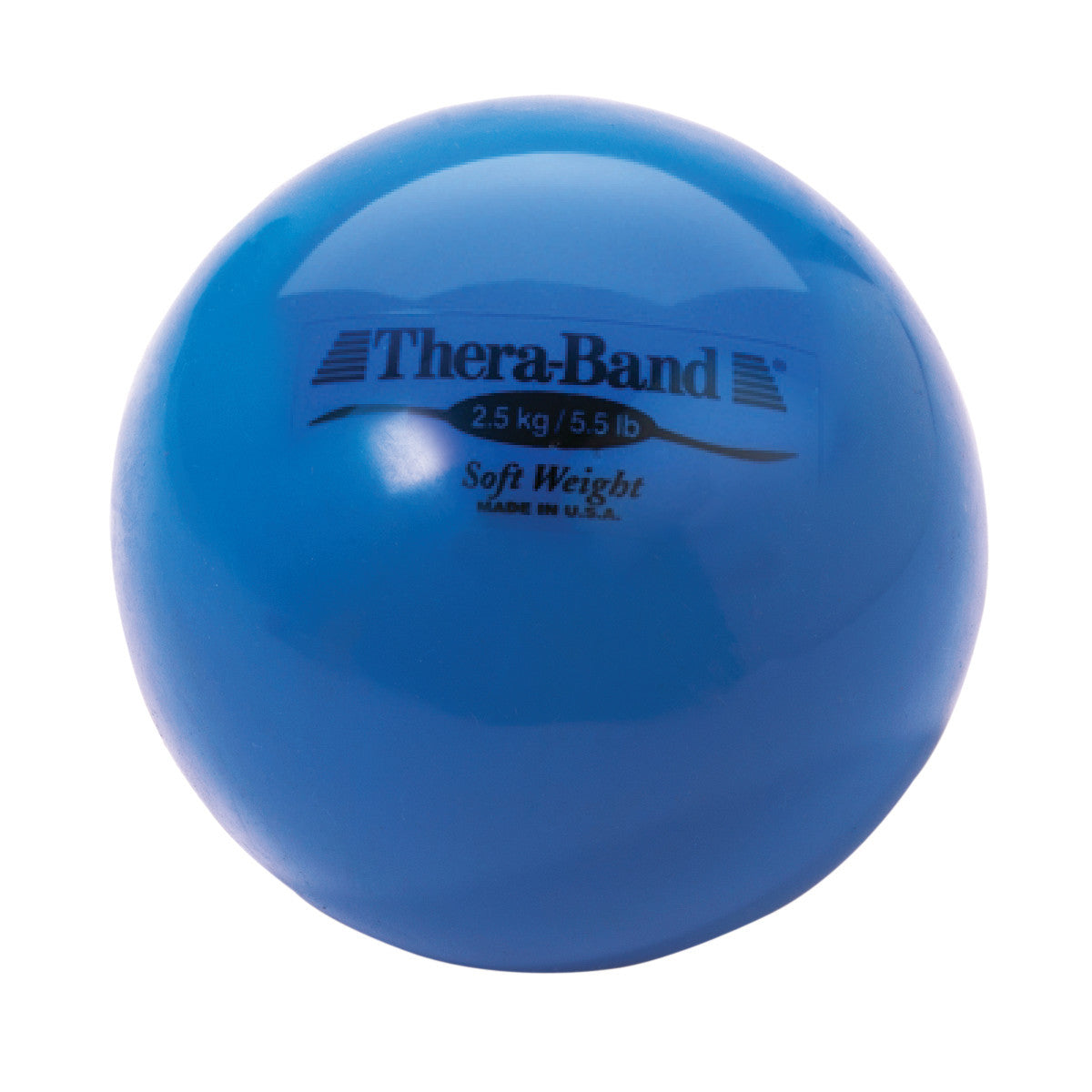 Blue THERABAND Soft Weight ball labeled "2.5 kg / 5.5 lb" for exercise, made in U.S.A.