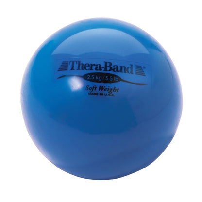 Blue THERABAND Soft Weight ball labeled "2.5 kg / 5.5 lb" for exercise, made in U.S.A.