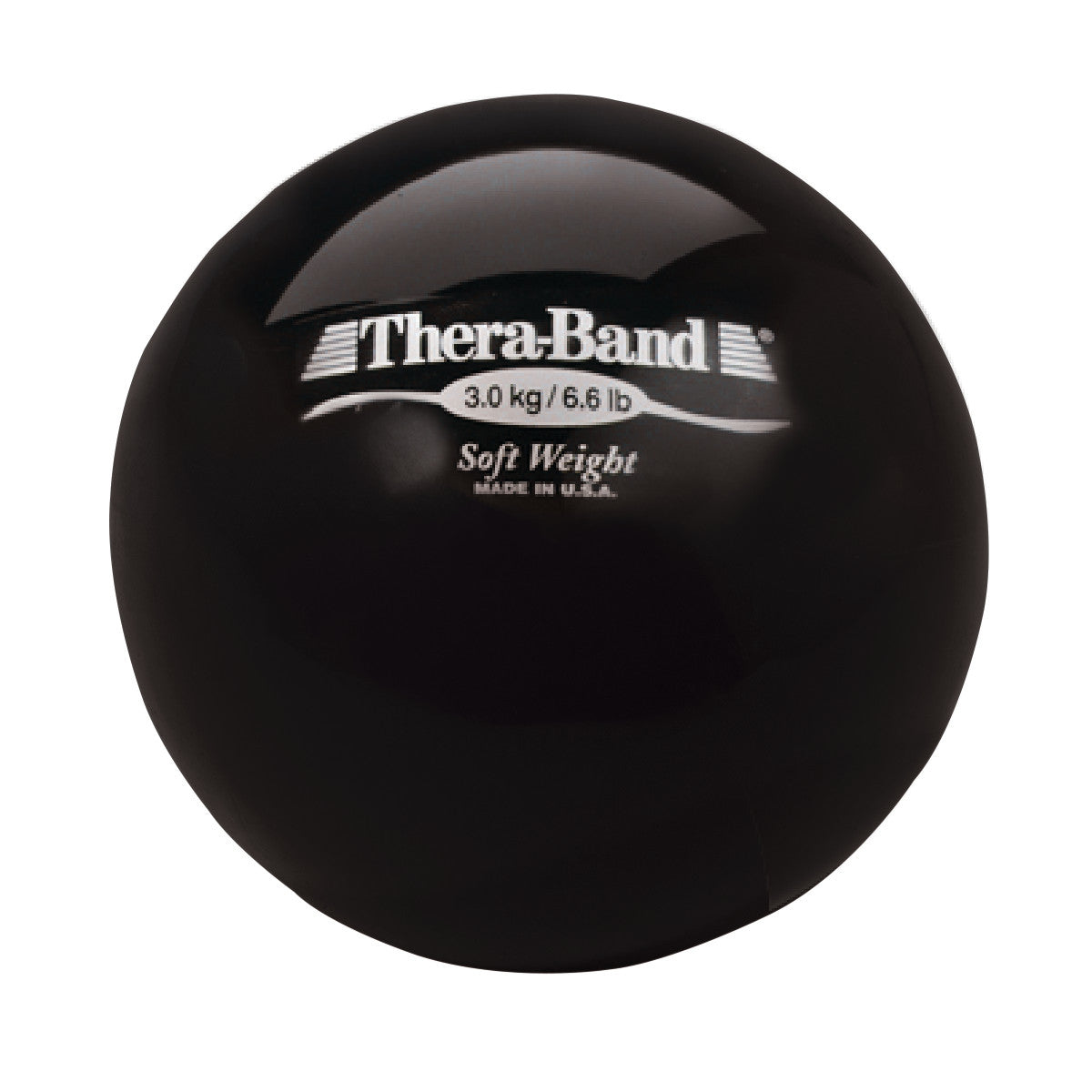 A black THERABAND Soft Weight ball, labeled 3.0 kg/6.6 lb, with "Made in U.S.A." printed on it.