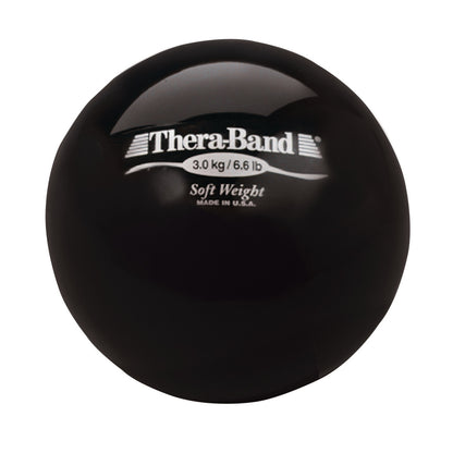 A black THERABAND Soft Weight ball, labeled 3.0 kg/6.6 lb, with "Made in U.S.A." printed on it.