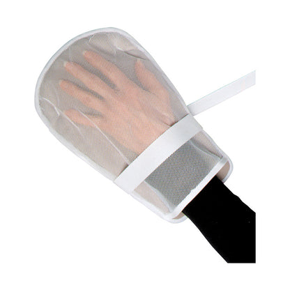 A hand is inside a SkiL-Care Padded Mitt, featuring a white mesh material and a securing strap around the wrist.