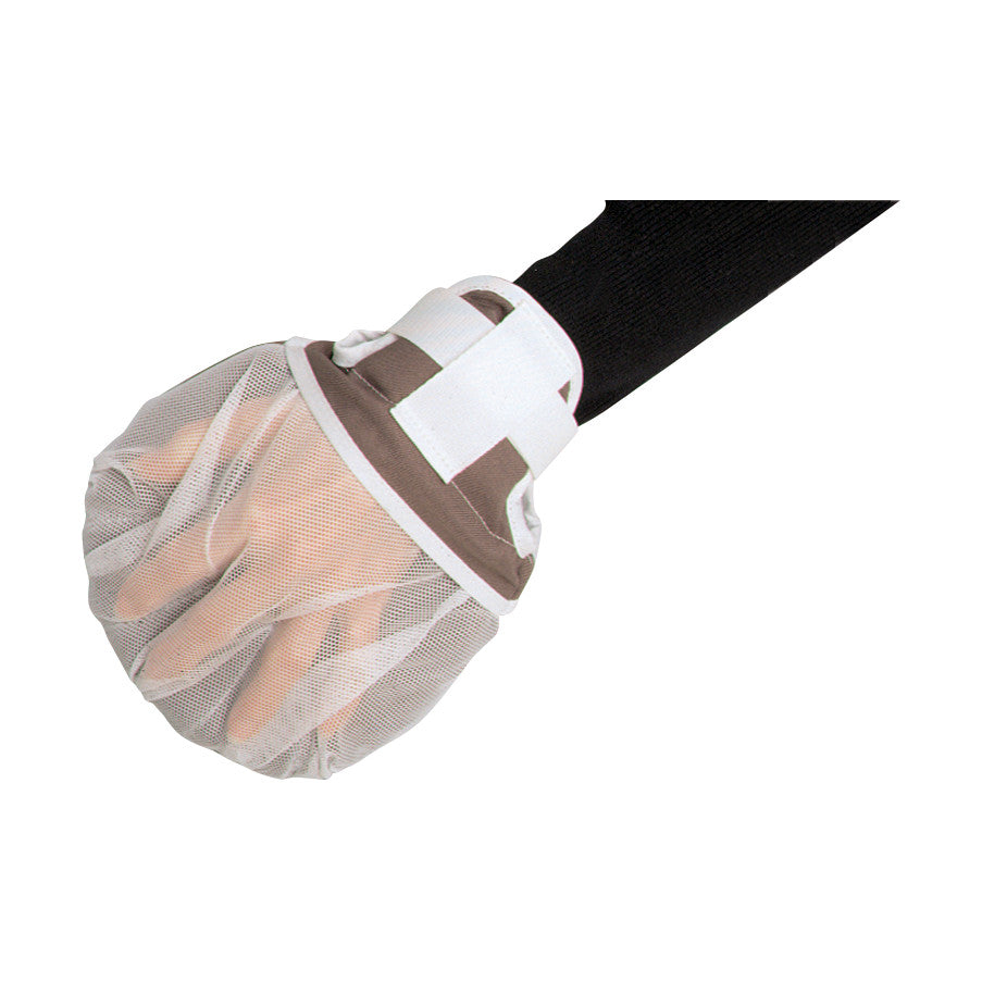A SkiL-Care Finger Separator Mitt on a hand, featuring a mesh cover and adjustable wrist strap for positioning and protection.