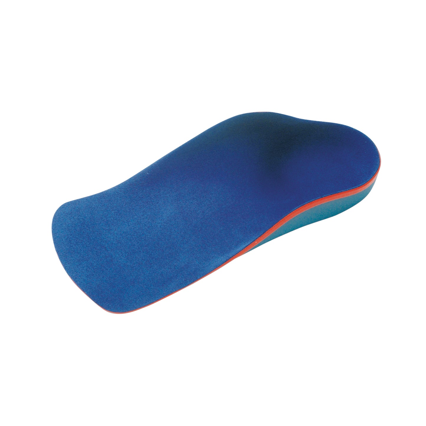 The Bauerfeind GloboTec Junior Foot Orthosis features a contoured design in blue with red and green layers, used for foot support.