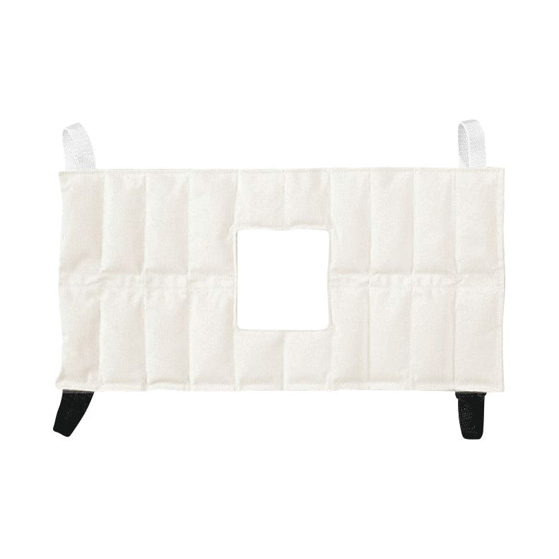 A Chattanooga Hydrocollator HotPac featuring a quilted design with a square cutout in the center. It has white and black straps.
