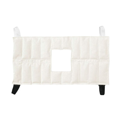 A Chattanooga Hydrocollator HotPac featuring a quilted design with a square cutout in the center. It has white and black straps.
