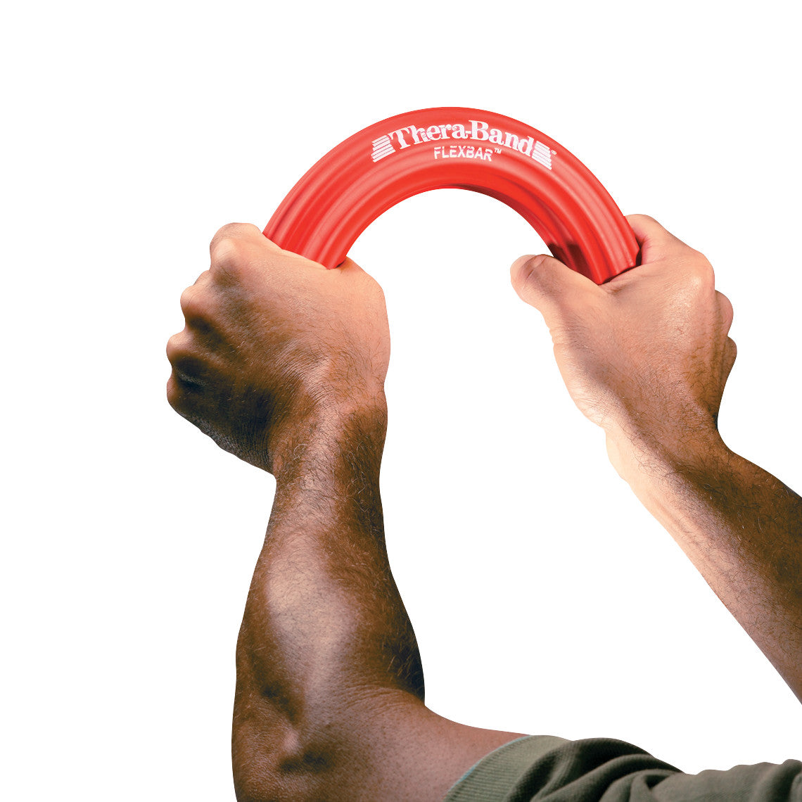 Two hands bend a red THERABAND FlexBar, demonstrating its use for resistance exercises.