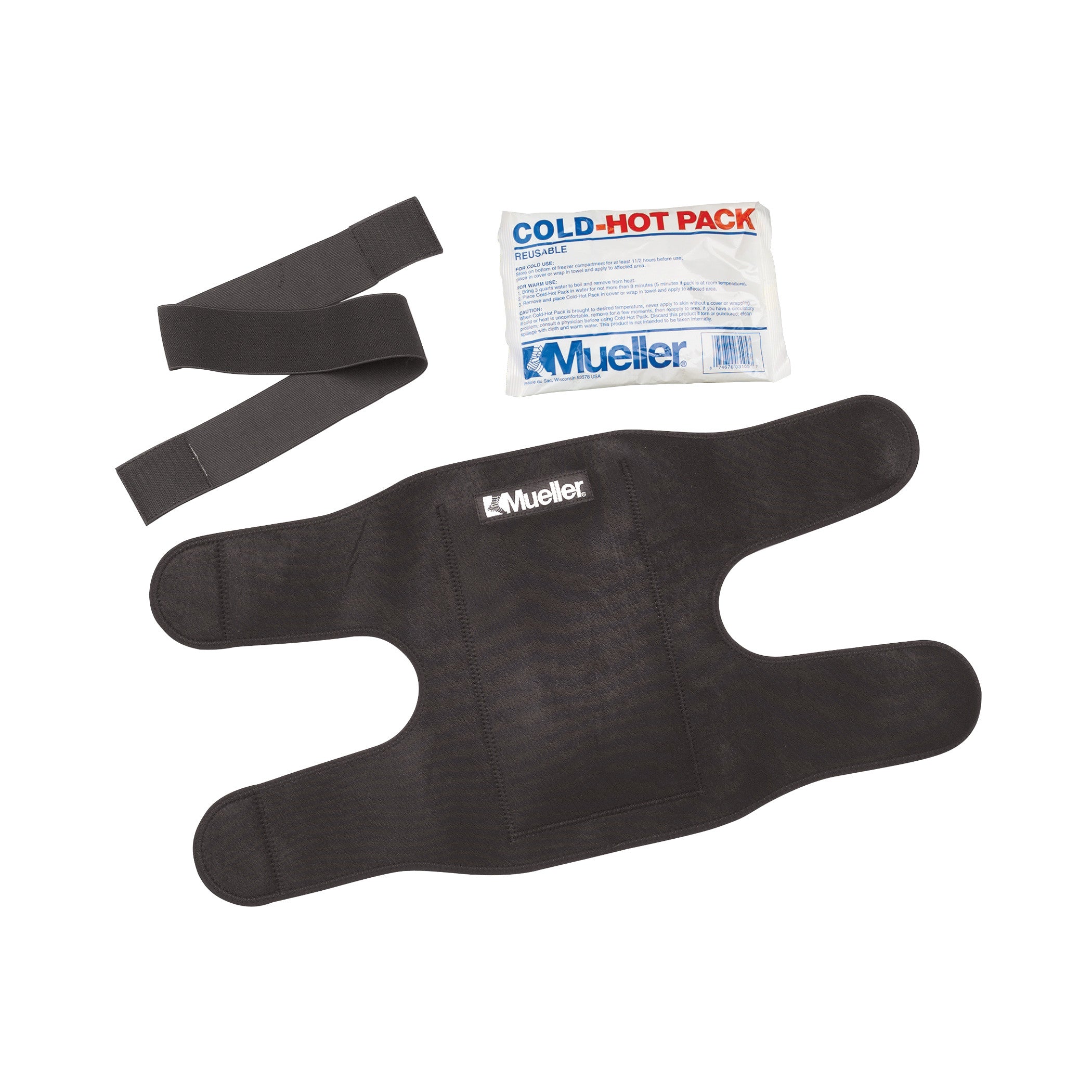 Mueller Cold-Hot Therapy Wrap with a black adjustable wrap, two long straps, and a reusable cold-hot pack for pain relief.