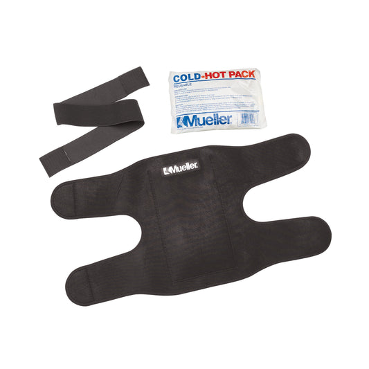 Mueller Cold-Hot Therapy Wrap with a black adjustable wrap, two long straps, and a reusable cold-hot pack for pain relief.