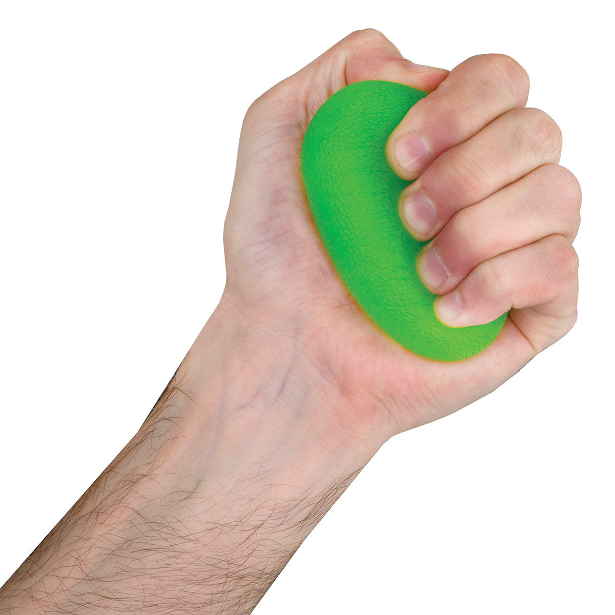 A hand squeezes a green Eggsercizer Hand Exerciser, showcasing its use for grip strength and stress relief.