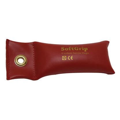 Red CanDo SoftGrip Weight with a gold-colored grommet, stitched edges, and "SoftGrip" branding in gold text.