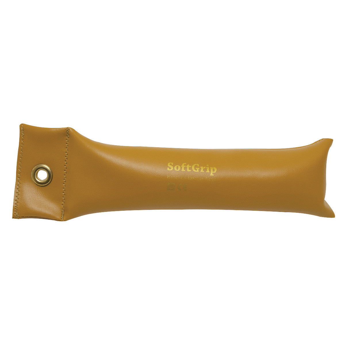 A yellow CanDo SoftGrip Weight features a reinforced metal eyelet on one end and the brand name printed in gold.