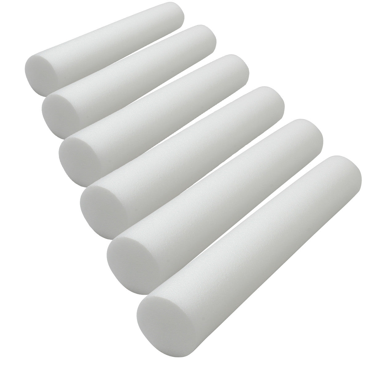 Six white AliMed Foam Rollers are arranged in a diagonal line on a white background.