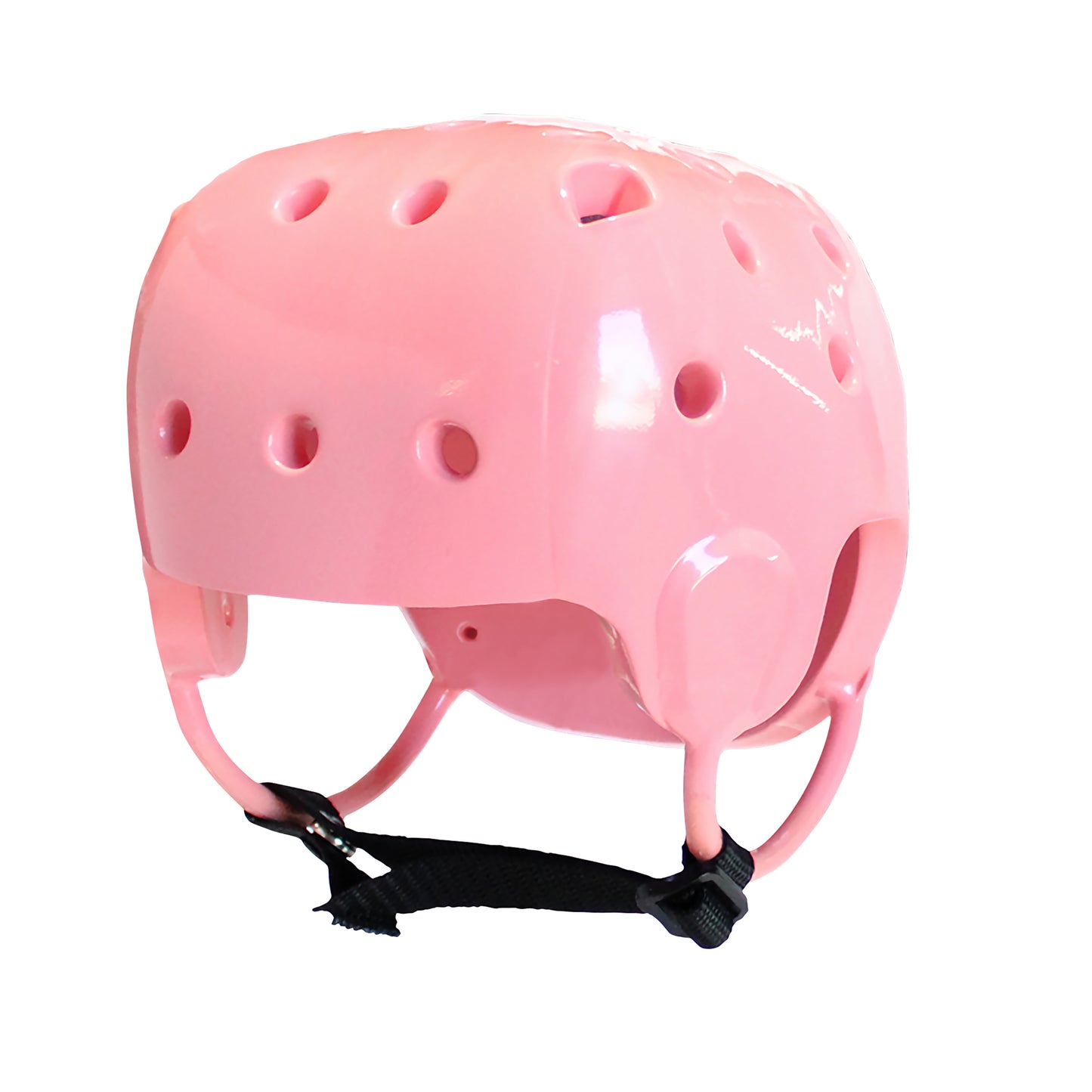 A pink Danmar Products Soft Shell Helmet with ventilation holes and a black adjustable chinstrap, viewed from the side.