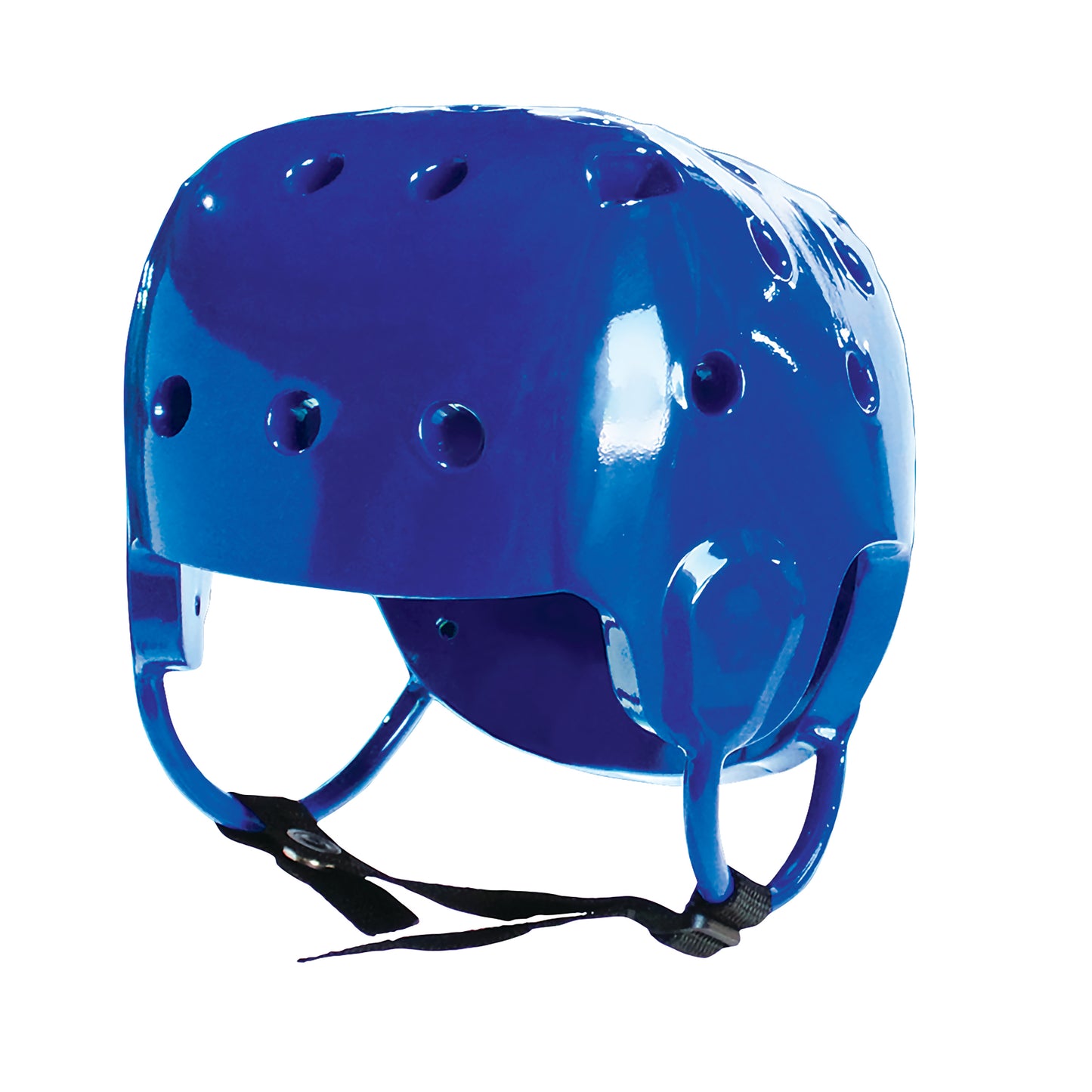 A blue Danmar Products Soft Shell Helmet with ventilation holes and adjustable black chin straps.