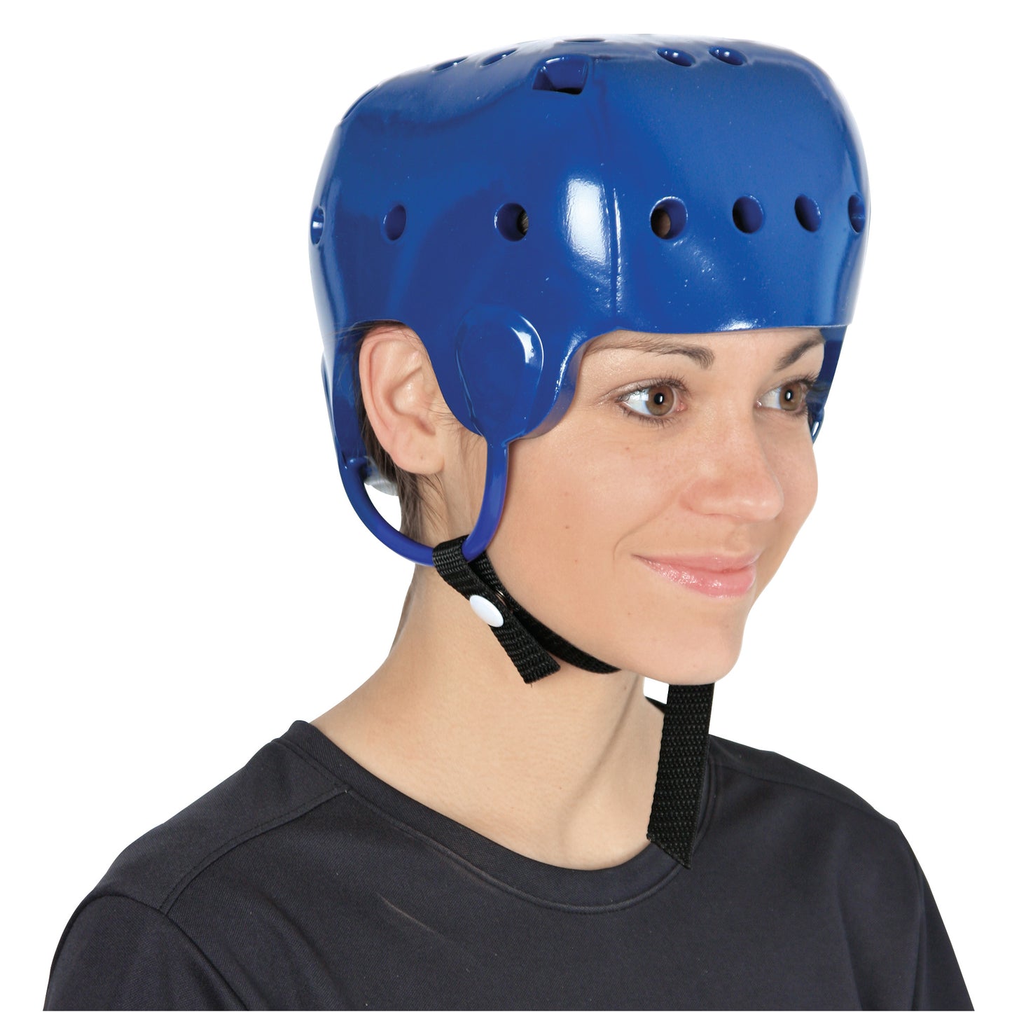 A person wears a Danmar Products Soft Shell Helmet in blue with ventilation holes and a chin strap, paired with a black shirt.