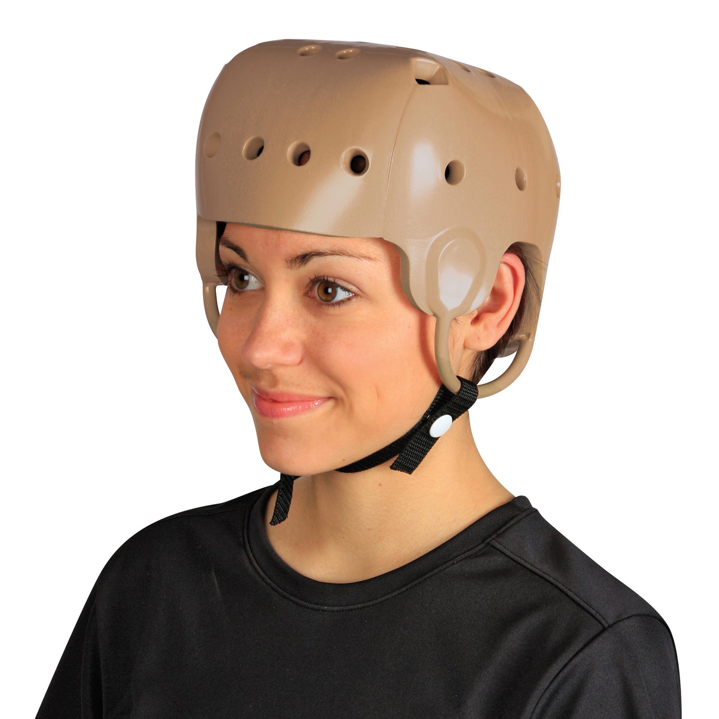 A person wearing a Danmar Products Soft Shell Helmet with ventilation holes and a chin strap.