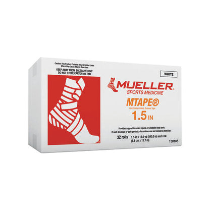 White box of Mueller MTape Athletic Tape with a red graphic of a taped ankle. The tape is 1.5 inches wide, 32 rolls included.