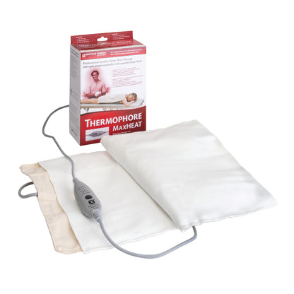 Thermophore MaxHEAT Moist Heat Pack with a control switch is shown beside its box with product details.