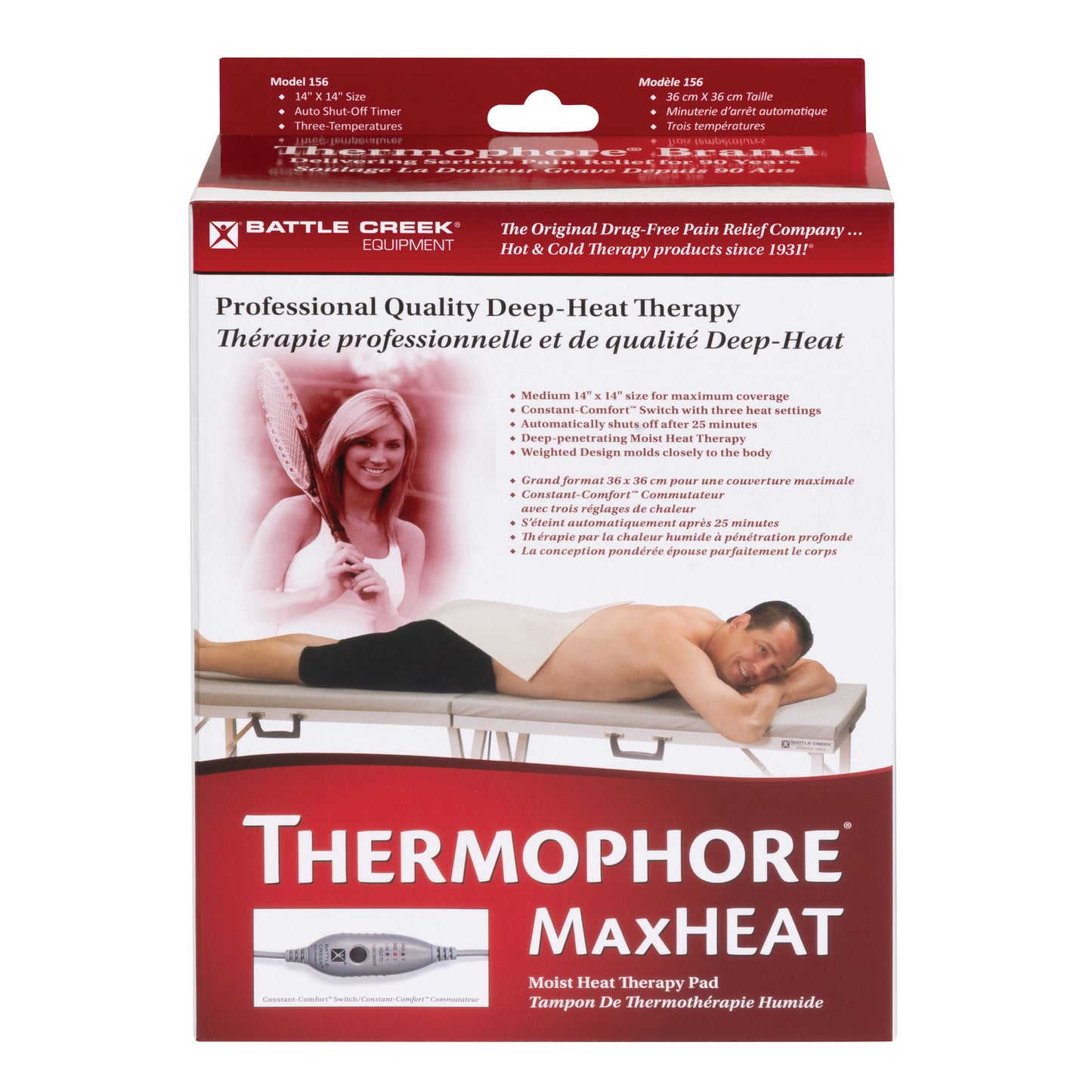 Packaging for the Thermophore MaxHEAT Moist Heat Pack, showing a person lying with the heat pad on their back.