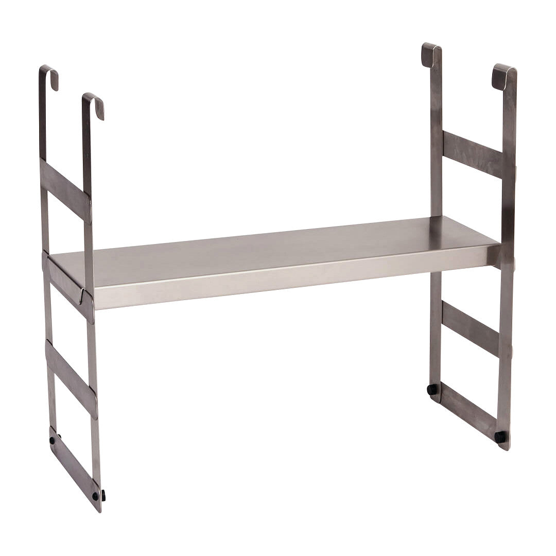 Stainless steel Adjustable Suspension Seat for Whirlpool with two ladder-like brackets and a flat seat for hanging in a bathtub.