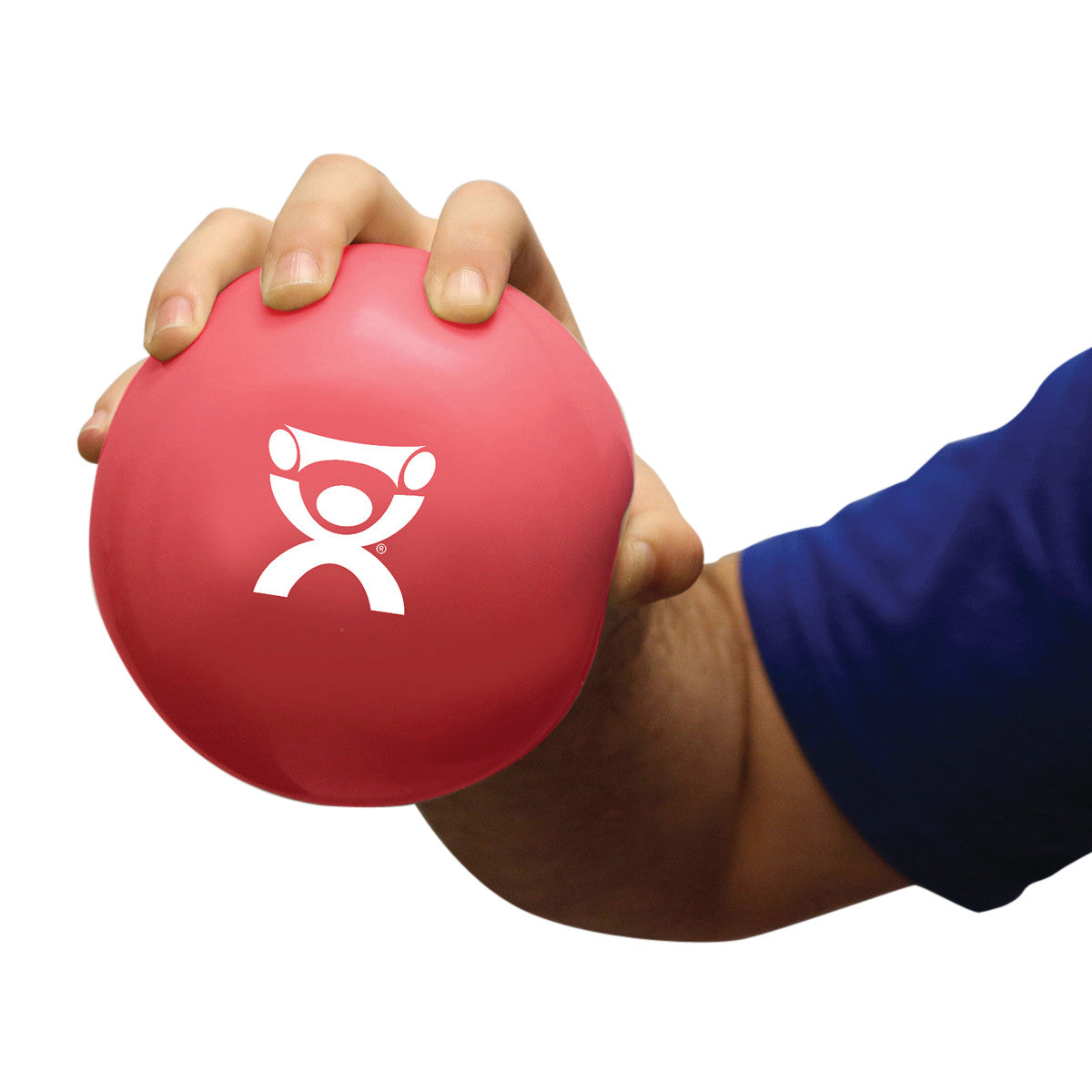 Person holding a red CanDo Hand WaTE Ball with a white logo, ideal for exercise or therapy.