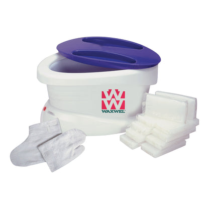 WaxWel Paraffin Bath with a blue lid, white mitts, and stacked paraffin wax blocks, shown against a plain background.